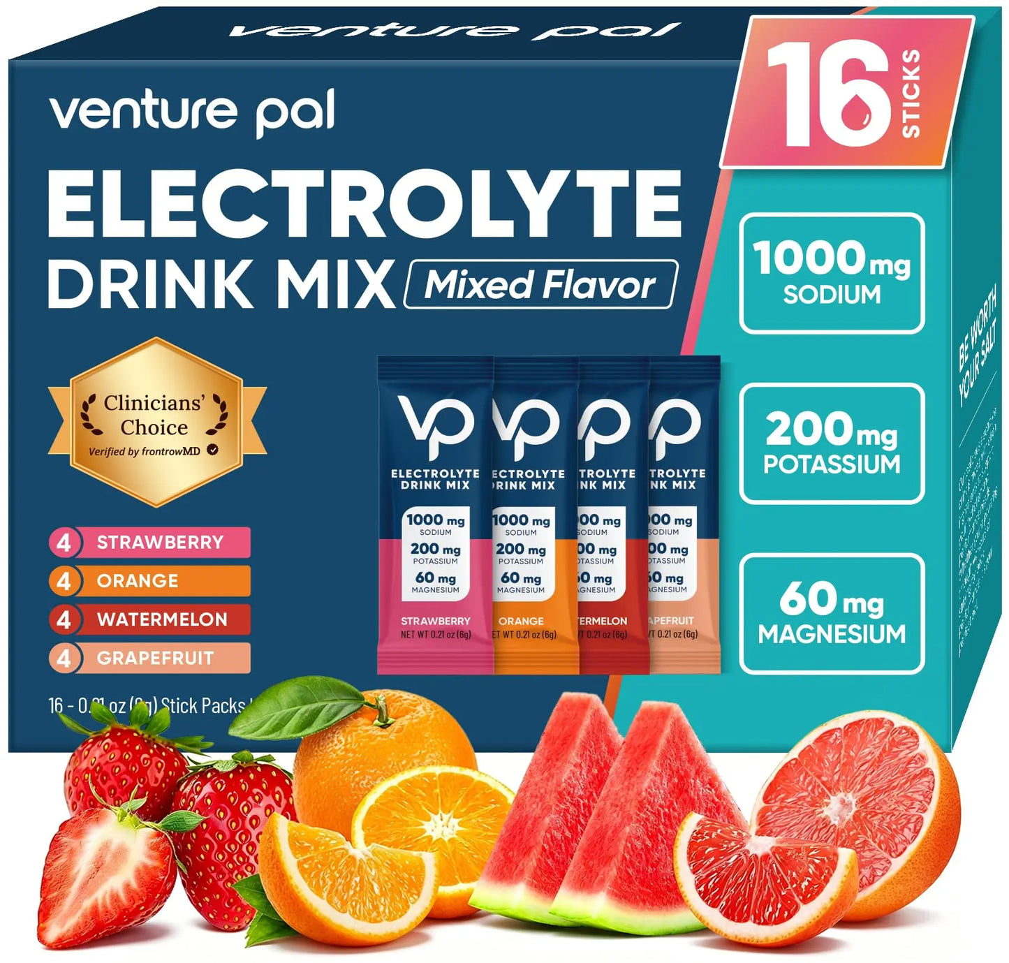 Venture Pal High Sodium Sugar Free Electrolytes Powder Packet - Hydration Packets with Vitamin, Sodium & Potassium | Zero Calories | Vegan, Keto & Paleo Friendly Venture Pal