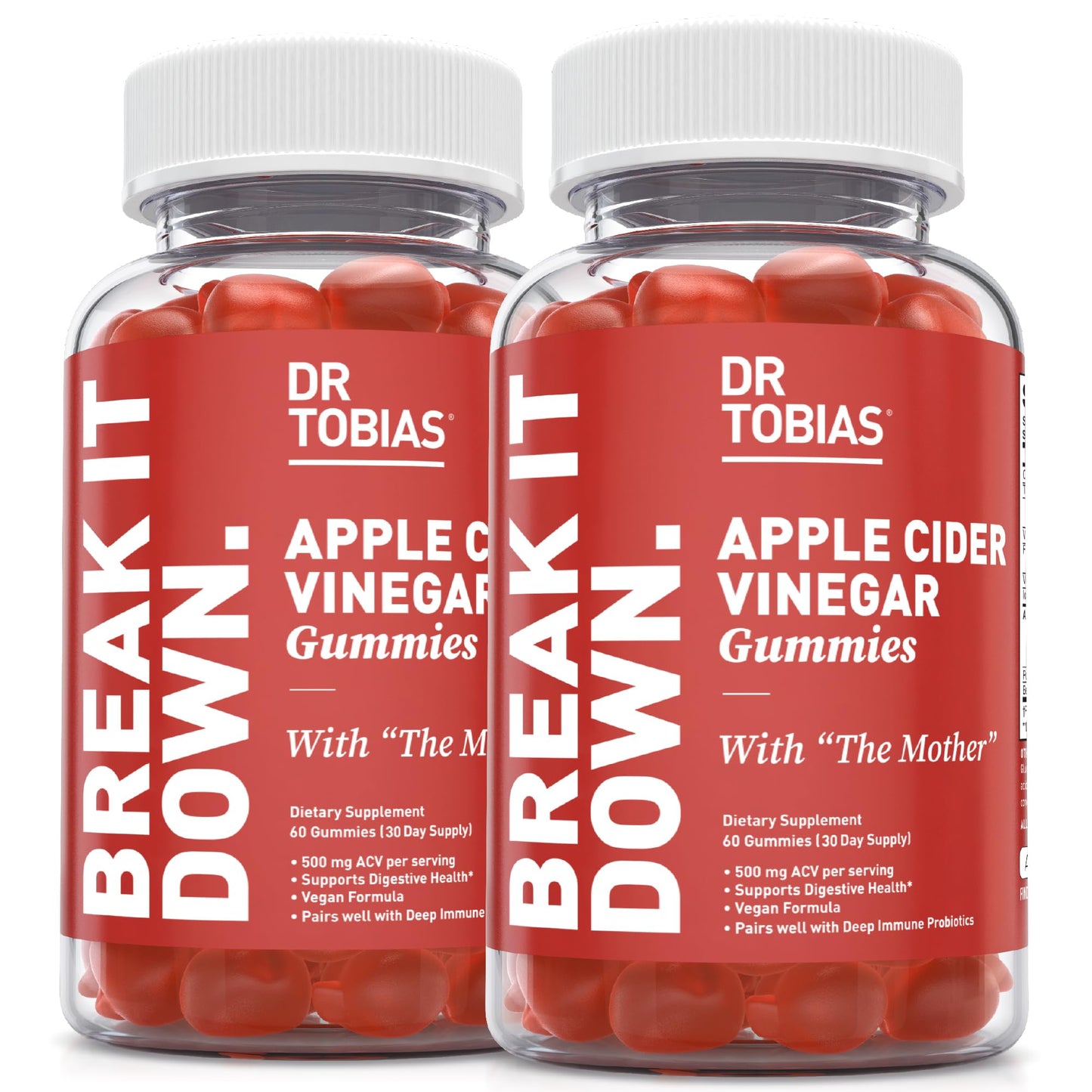 Dr. Tobias Apple Cider Vinegar Gummies with The Mother - 500mg ACV Per Serving, Plus Folate, B6, B12 & Iodine | Supports Digestive Health Gut Cleanse & Detox - Vegan (60 Gummies)