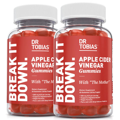 Dr. Tobias Apple Cider Vinegar Gummies with The Mother - 500mg ACV Per Serving, Plus Folate, B6, B12 & Iodine | Supports Digestive Health Gut Cleanse & Detox - Vegan (60 Gummies)