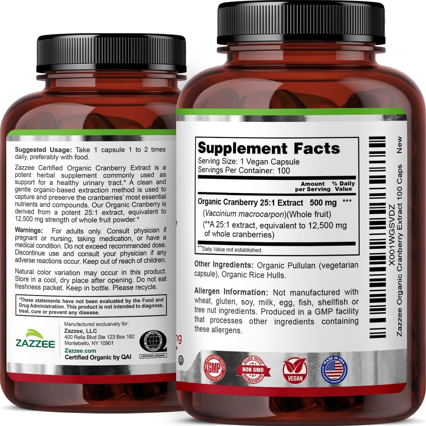 Zazzee USDA Organic Cranberry 25:1 Extract, 500mg per Capsule, 100 Capsules | Vegan, 3+ Month Supply, Certified Kosher, Vaccinium Macrocarpon, Non-GMO, Made in the USA Gsupps Australia