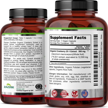 Zazzee USDA Organic Cranberry 25:1 Extract, 500mg per Capsule, 100 Capsules | Vegan, 3+ Month Supply, Certified Kosher, Vaccinium Macrocarpon, Non-GMO, Made in the USA Gsupps Australia