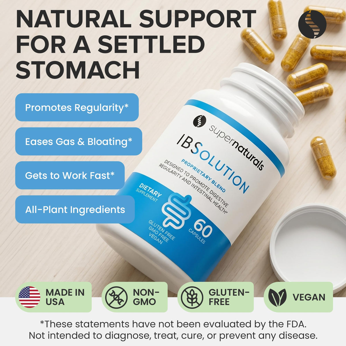 SuperNaturals IBSolution - Made in USA, Non-GMO, Gluten Free & Vegan (60 Capsules) - Digestive Gut Health Supplement With Psyllium Husk - Gas, Bloating, Diarrhea JLM NUTRITIONALS