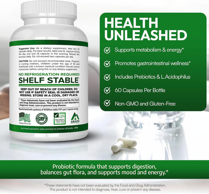 Arazo Nutrition Probiotic 40 Billion CFU - Shelf Stable with Prebiotics and Acidophilus - Stable Potency Until Expiration – Time Delay Release Probiotics (Pack of 2) Gsupps Australia