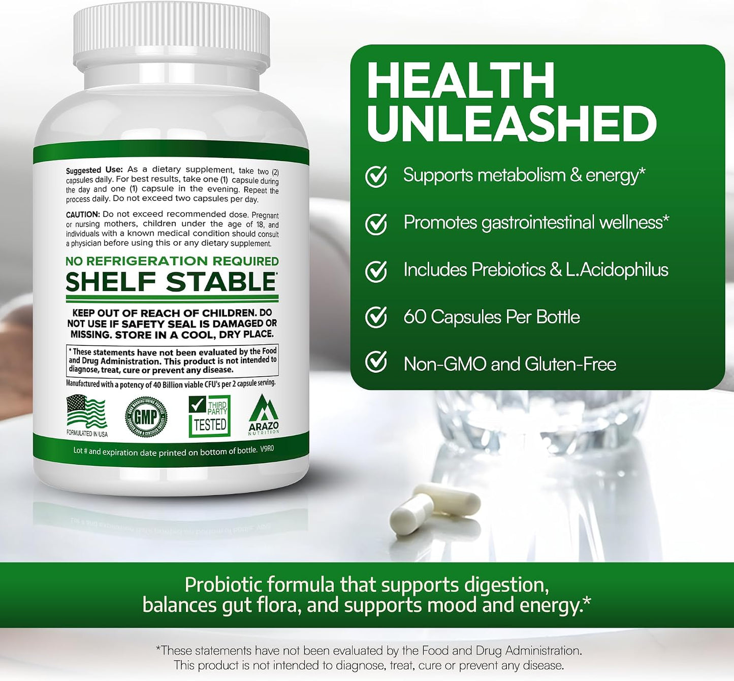 Arazo Nutrition Probiotic 40 Billion CFU Per Serving - Shelf Stable with Prebiotics and Acidophilus - Stable Potency Until Expiration – Time Delay Release Probiotics Gsupps Australia
