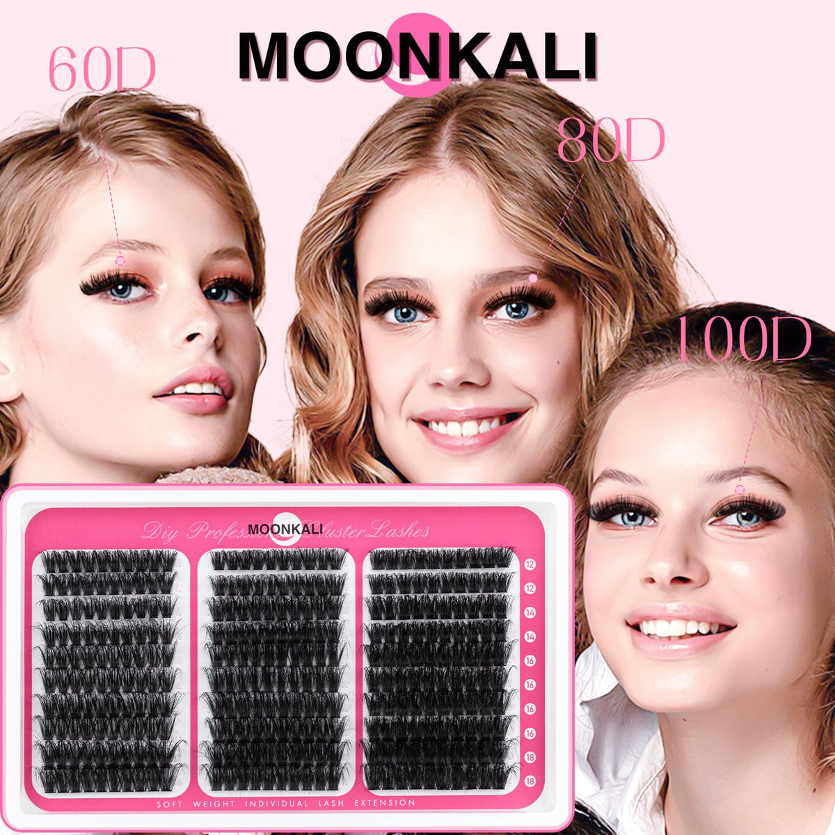 Lash Clusters 60D 80D 100D Mix Individual Lashes Clusters Luxury Versatile 3D Full Eyelash Clusters 12-18MM Thick Volume Cluster Eyelash Extensions Waterproof D Curly DIY Fake Mink Eyelashes Extension MOONKALI