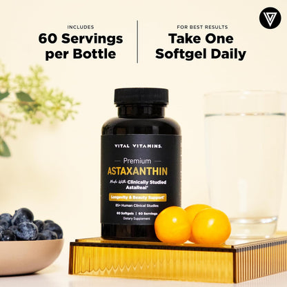 Vital Vitamins Astaxanthin 12mg Softgels for Skin Hydration & Elasticity | Natural Astaxanthin from Microalgae, Antioxidant Protection for Skin, Eyes & Exercise Recovery, Vegan, 60 Softgels Gsupps Australia