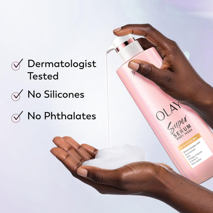 Olay Super Serum Body Wash for Extra Dry Skin, 24hr Long Lasting Rich Hydration, 5+ Ingredient Complex for Bright, Even, Firm, & Luminous Skin, with Collagen Peptide, Vitamin C & Shea Butter, 20 fl oz Olay