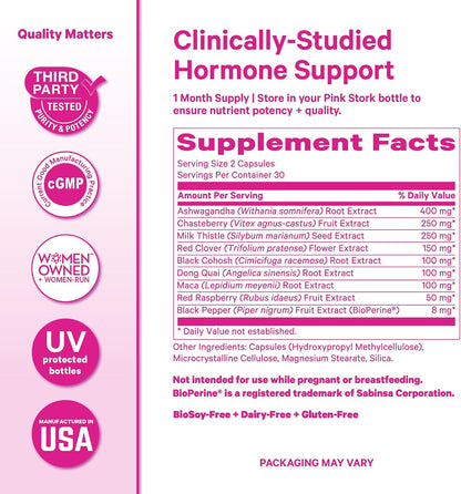 Pink Stork Menopause Support for Women, 60 Capsules | Hot Flash, Mood, Sleep, Weight, Cortisol & Hormonal Balance, Vegan, Estrogen-Free Perimenopause Support, Ashwagandha + Maca