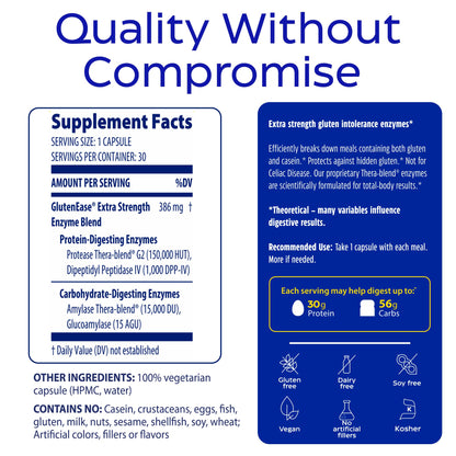 Enzymedica - GlutenEase Extra Strength, Complete Gluten & Casein Formula with Digestive Enzymes + DPP-IV, 30 Capsules Enzymedica