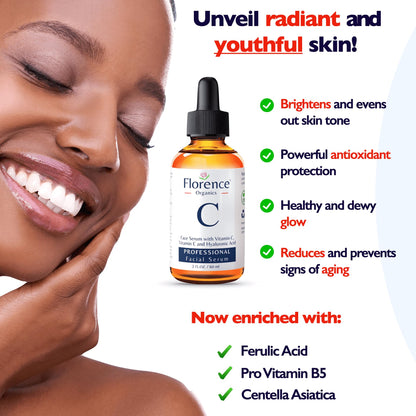 Vitamin C Serum For Face – Anti Aging Face Serum with Vitamin C, Hyaluronic Acid, Vitamin E. Brightening Formula. Improve Appearance of Dark Spots, Tone, Fine Lines & Wrinkles, Glowing Skin 2 Fl Oz Florence