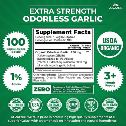 Zazzee USDA Organic Odorless Garlic 20:1 Extract, 1% Allicin, 100 Capsules | Vegan, 3+ Month Supply, Allium Sativum, Immune, Circulation & Heart Health Support, All-Natural, Non-GMO, Made in the USA Gsupps Australia