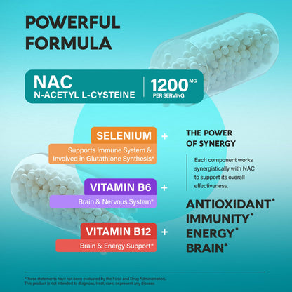 NAC Supplement | Selenium | B6 | B12 - Antioxidant, Immune Support - N Acetyl Cysteine 600 mg per Capsule, 1200 mg per Serving - Made in USA - Non-GMO, Gluten-Free NUTRAHARMONY