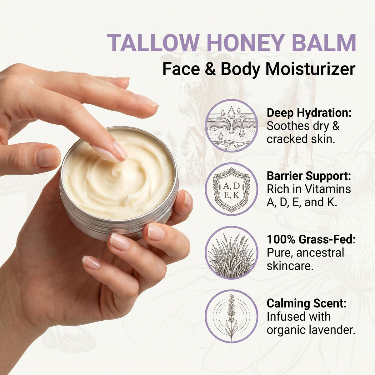 Beef Tallow for Skin – 2Pcs Beef Tallow for Face Cream, Grass-Fed Tallow and Raw Honey Balm with Lavender Essential Oil, Whipped Natural Tallow Face Moisturizer Makeup Cleansing Milk for Dry Home&Away Mulukiss