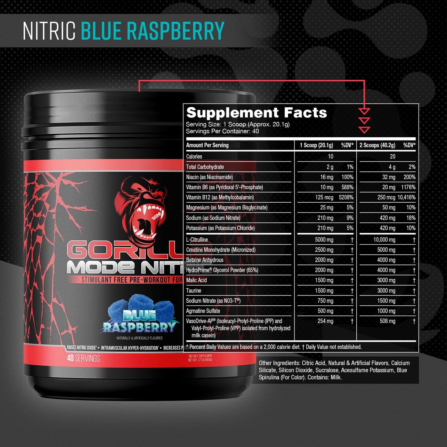 Gorilla Mode Nitric Upgraded Stimulant Free Pre-Workout – Best Tasting and Most Effective Stimulant Free Pre-Workout/Massive Pumps · Vasodilation · Power / 776 Grams (Cherry Blackout)