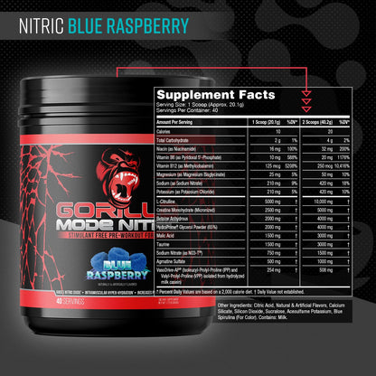Gorilla Mode Nitric Upgraded Stimulant Free Pre-Workout – Best Tasting and Most Effective Stimulant Free Pre-Workout/Massive Pumps · Vasodilation · Power / 776 Grams (Cherry Blackout)