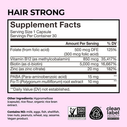 HUM Hair Strong Daily Hair Growth Gummies with Biotin, Zinc, Vitamin B12 to Support Growth, Folic Acid & Vitamin B12 Gummy Vitamins for Healthy Hair Support for Women and Men, 60 Gummies