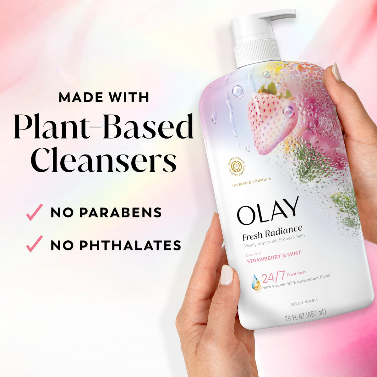 Olay Body Wash for Women, Fresh Radiance, 24/7 Skin-Loving Freshness, Visibly Radiant, Plant Based Cleansers, Vitamin B3 & Antioxidant Blend, For All Skin Types, Strawberry & Mint Scent, 29 fl oz Olay