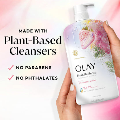 Olay Body Wash for Women, Fresh Radiance, 24/7 Skin-Loving Freshness, Visibly Radiant, Plant Based Cleansers, Vitamin B3 & Antioxidant Blend, For All Skin Types, Strawberry & Mint Scent, 29 fl oz Olay