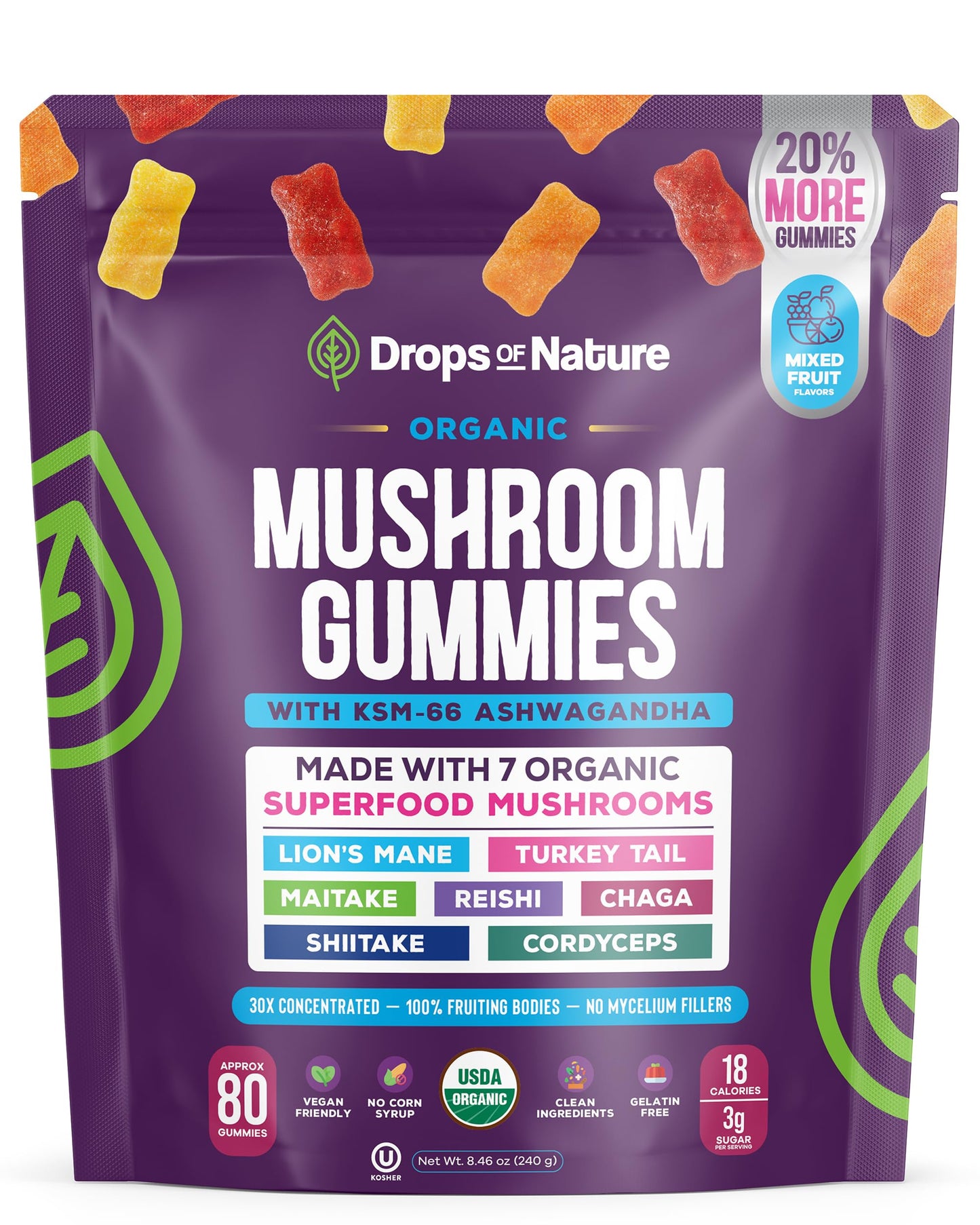 Drops Of Nature Lions Mane & Ashwagandha Gummies – Turkey Tail, Maitake, Reishi, Chaga, Shiitake, Cordyceps – Organic, Low Carb Superfood Gummies Drops Of Nature