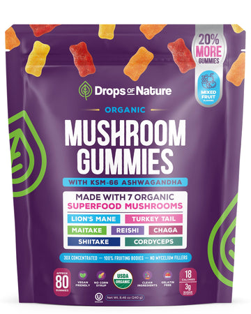 Drops Of Nature Lions Mane & Ashwagandha Gummies – Turkey Tail, Maitake, Reishi, Chaga, Shiitake, Cordyceps – Organic, Low Carb Superfood Gummies