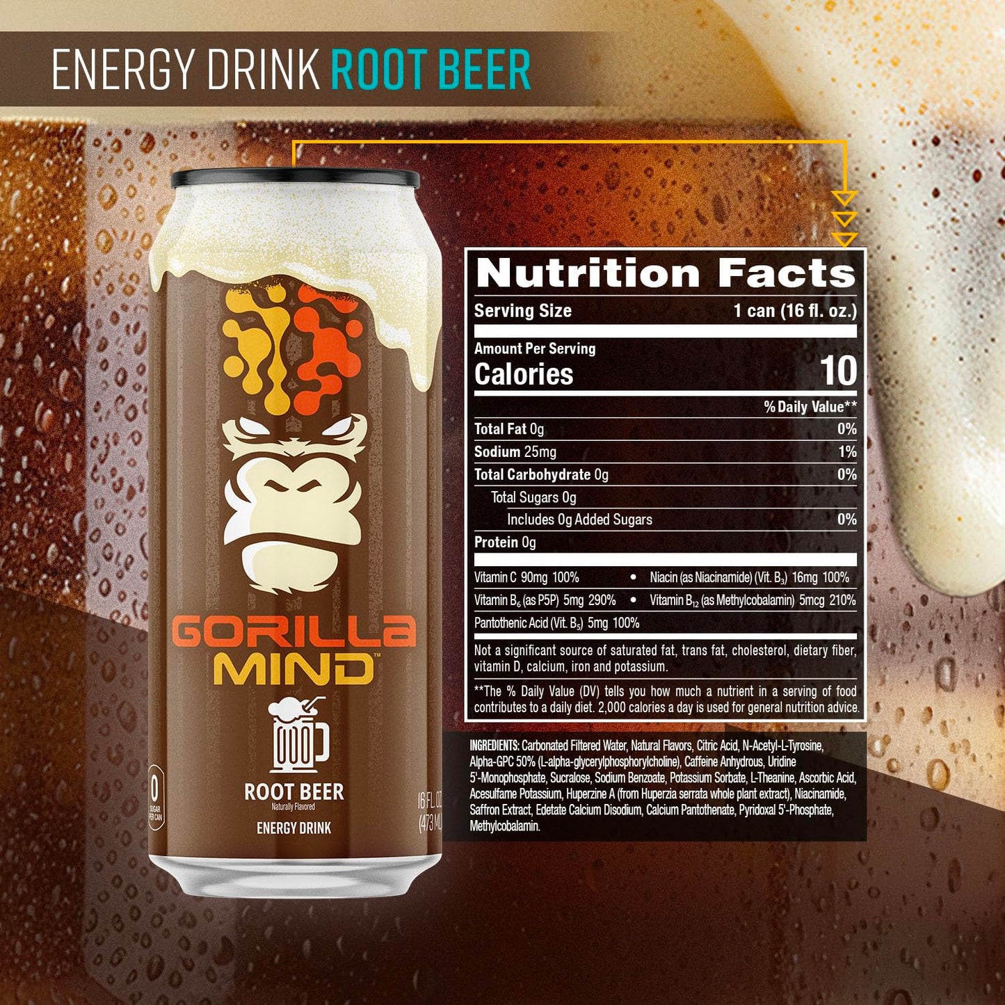 Gorilla Mind Energy Drink | Unmatched Energy · Amplified Focus | N-Acetyl-L-Tyrosine, Alpha-GPC, 200mg Caffeine, Uridine, Saffron | 0 Sugar Or Artificial Colors | 16oz, 12-Pack (Black Cherry Vanilla)