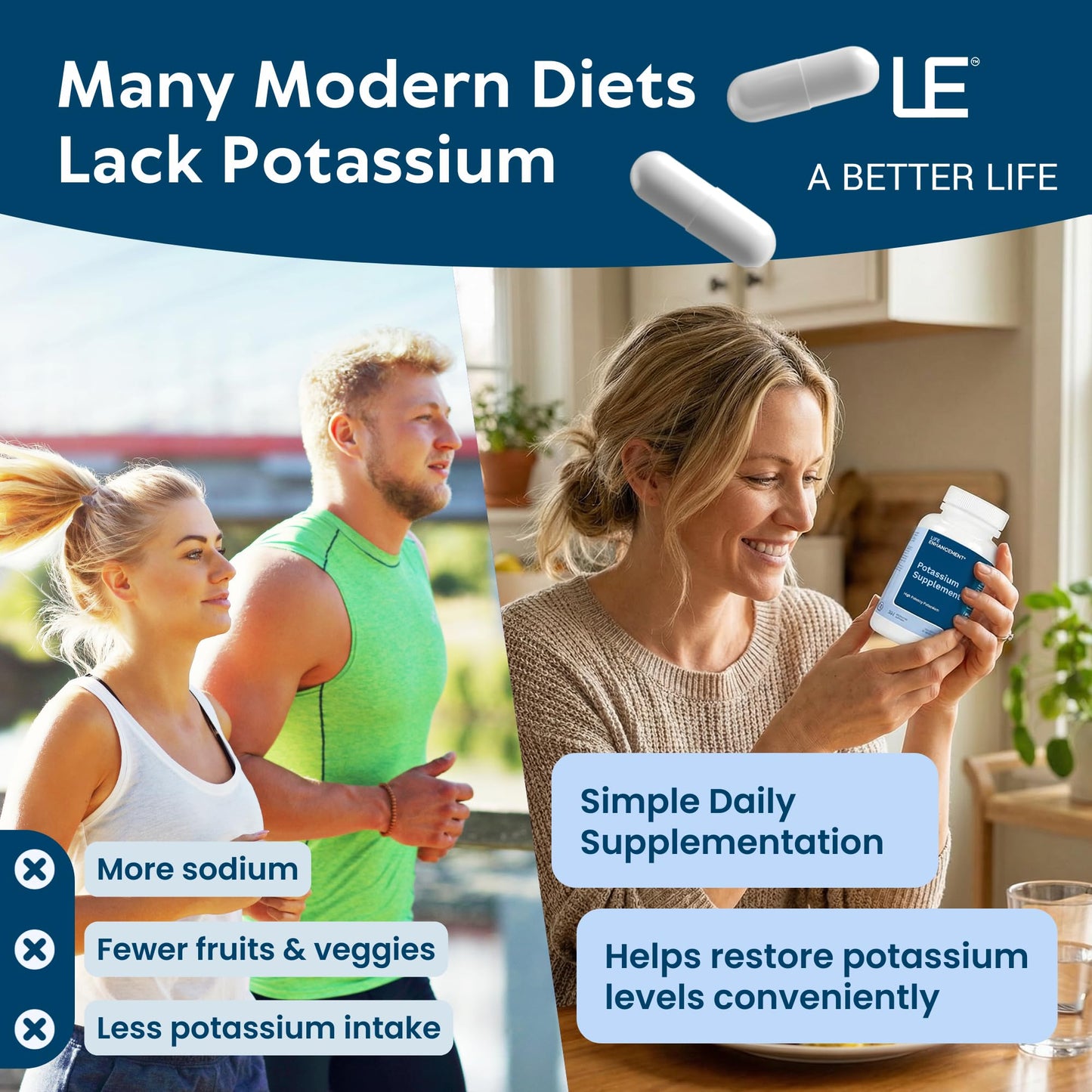 Life Enhancement High Potency 1020 mg Potassium Supplement for Muscle, Brain & Bone Health - No Additives High Absorption Elemental Potassium Supplement Life Enhancement