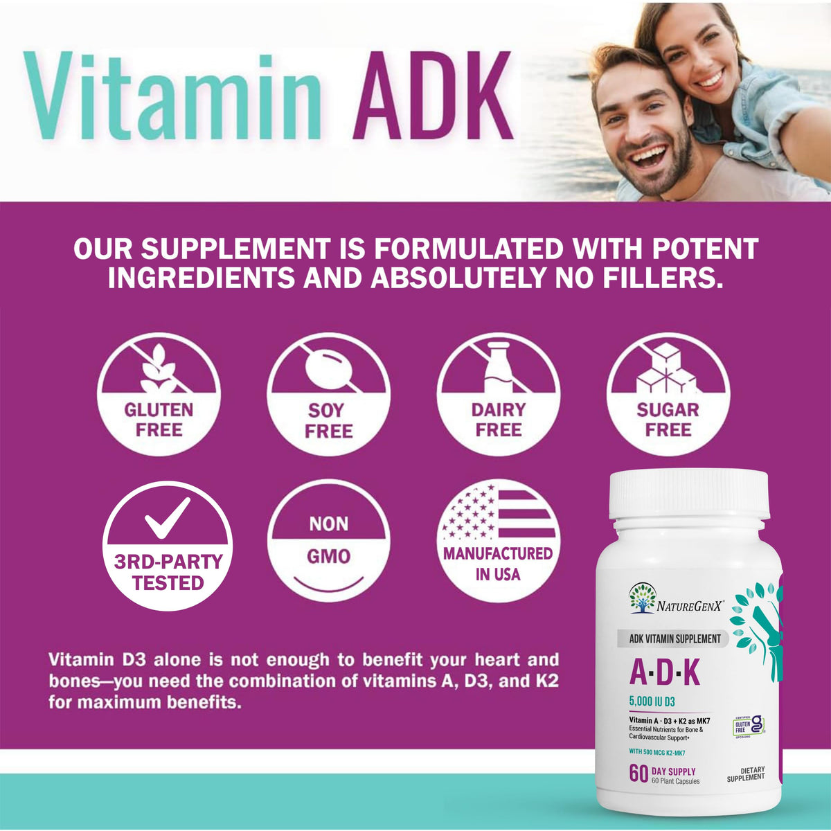 NatureGenX ADK Vitamin Supplement – Vitamins A, D3 & K2 MK-7 for Bone Health & Calcium Absorption – Gluten-Free, Non-GMO, Soy-Free NatureGenX