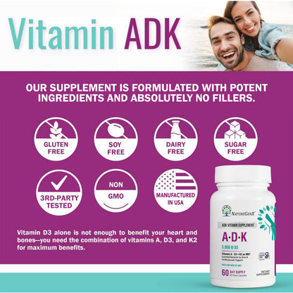 NatureGenX ADK Vitamin Supplement – Vitamins A, D3 & K2 MK-7 for Bone Health & Calcium Absorption – Gluten-Free, Non-GMO, Soy-Free NatureGenX