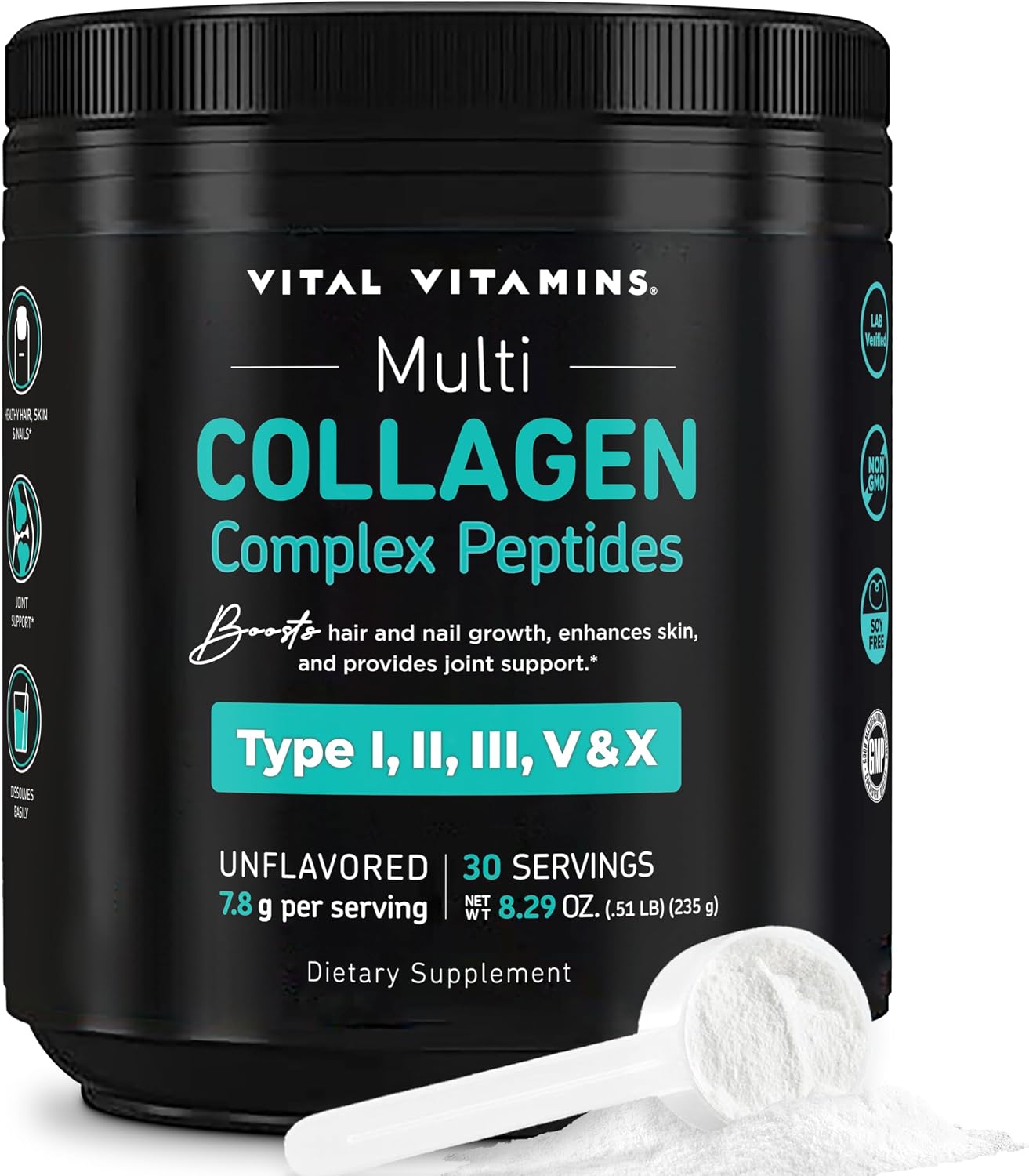 Vital Vitamins Multi Collagen Complex Powder for Hair, Skin, Nails & Joints | 5 Collagen Peptides Types I II III V & X, Unflavored, Easy to Dissolve, Scoop Included Inside, 30 Servings Gsupps Australia