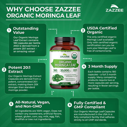 Zazzee USDA Organic Moringa Leaf 20:1 Extract, 180 Vegan Capsules, 3 Month Supply, Certified Kosher, Moringa Oleifera, Antioxidant, Immune & Cellular Support Zazzee