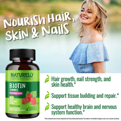 NATURELO Biotin Gummies - Supports Healthy Hair, Skin & Nails - High Potency 2500 mcg - Non GMO, Gluten Free - 60 Gummies NATURELO