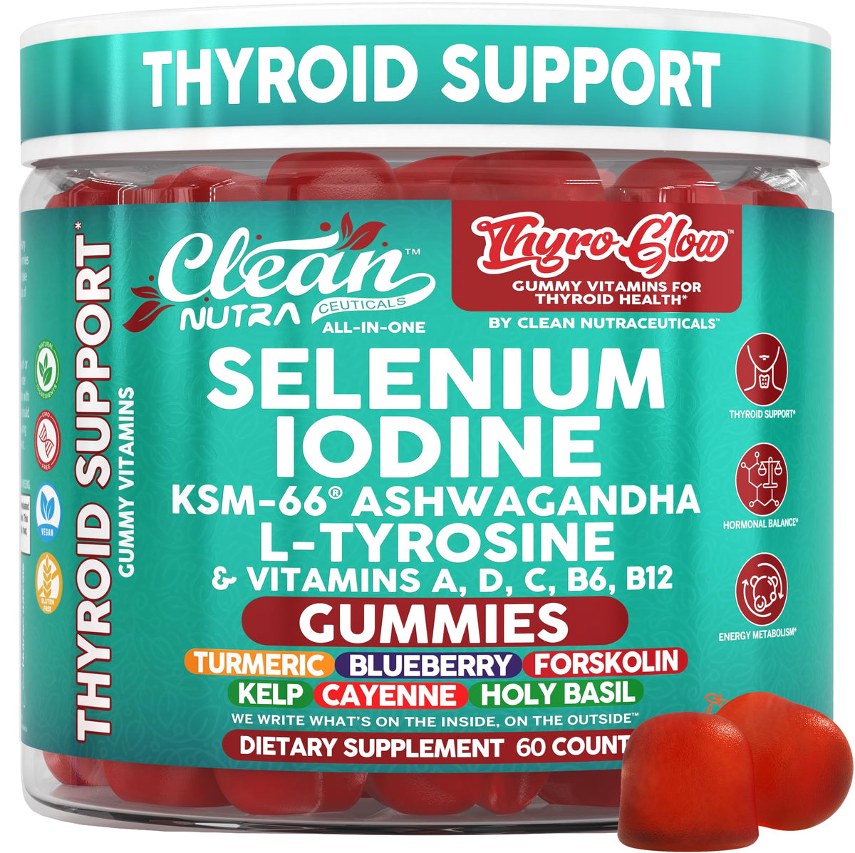 ThyroGlow Thyroid Support Gummies Selenium Iodine KSM 66 Ashwagandha L Tyrosine Vitamin D, C, B12, B6 Turmeric Blueberry Holy Clean Nutraceuticals
