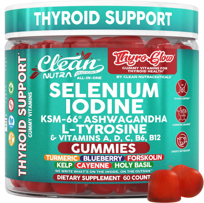 ThyroGlow Thyroid Support Gummies Selenium Iodine KSM 66 Ashwagandha L Tyrosine Vitamin D, C, B12, B6 Turmeric Blueberry Holy Clean Nutraceuticals