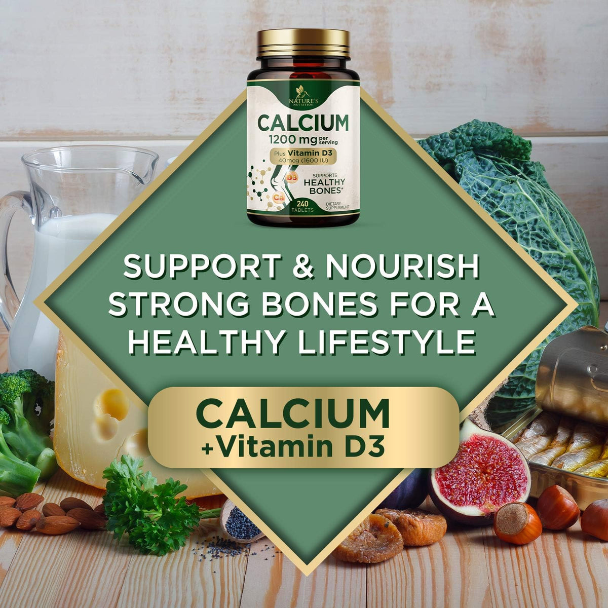 Calcium 1200 mg with Vitamin D3 - Per Serving - Bone Health Supplement - Vitamin D & Calcium Supplements for Women & Men - Bone Strength Support Nature's Nutrition