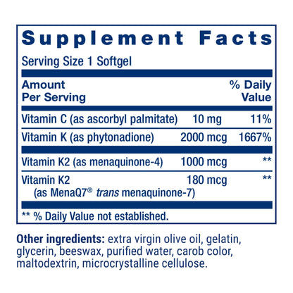 Life Extension Super K, Vitamin K Supplement, 2000 Mcg Vitamin K and 1180 Mcg Vitamin K2, Heart Health, Once-Daily, 90 Softgels Life Extension