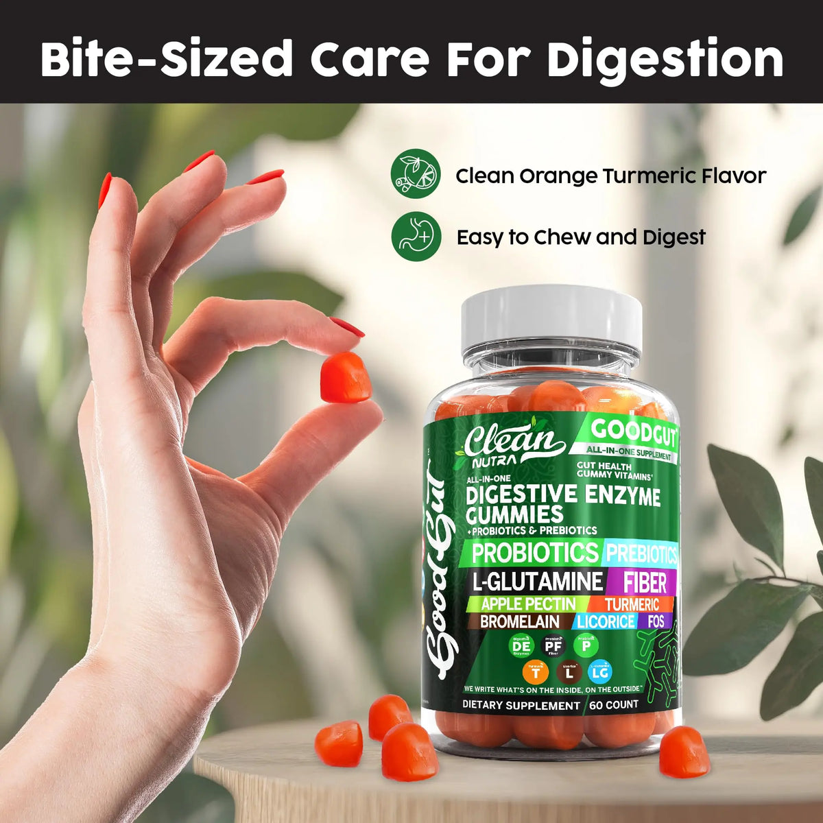 Clean Nutraceuticals Digestive Enzymes with Probiotics & Prebiotics for Digestive Health Gummies & L-Glutamine for Gut Health Bromelain Apple Pectin Inulin FOS Plant Clean Nutraceuticals