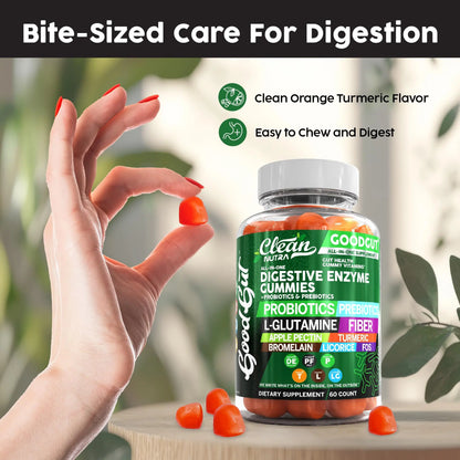 Clean Nutraceuticals Digestive Enzymes with Probiotics & Prebiotics for Digestive Health Gummies & L-Glutamine for Gut Health Bromelain Apple Pectin Inulin FOS Plant Clean Nutraceuticals