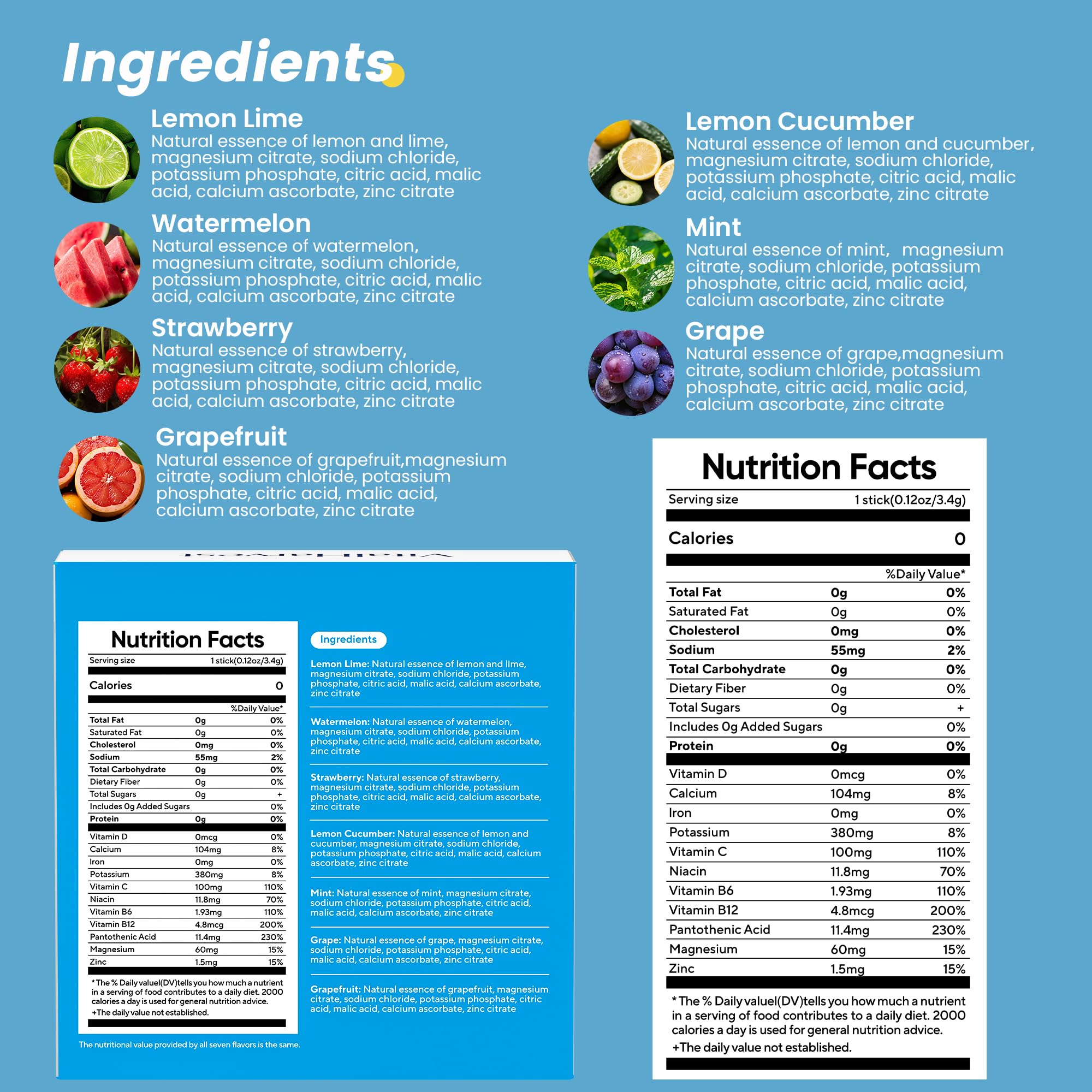 24 Sticks Electrolytes Powder Packets 7 Flavors Sugar Free Hydration Packets Liquid Daily IV Drink Mix, Low Sodium, Lemon Lime, Watermelon, Strawberry, Grape VitalHarvest buy australia supplements