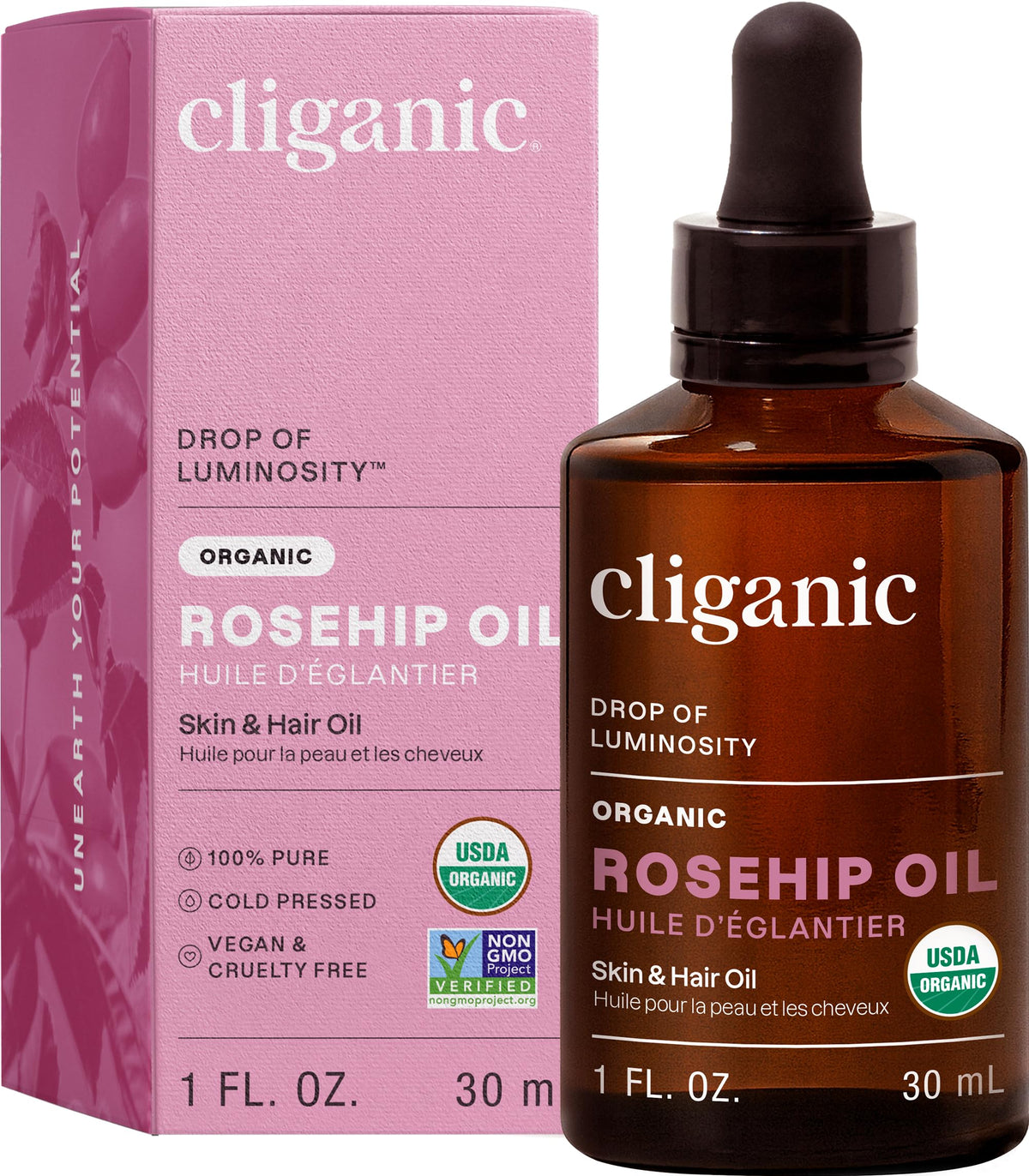 Cliganic Organic Rosehip Seed Oil for Face, 100% Natural Cold Pressed, 1oz Cliganic