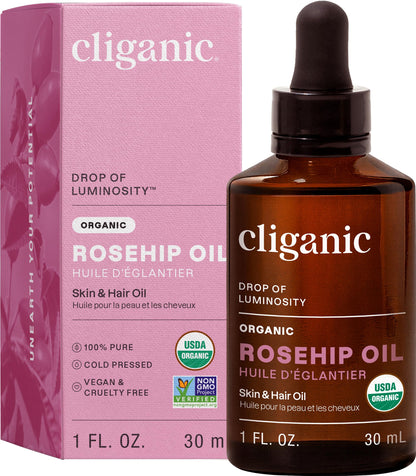 Cliganic Organic Rosehip Seed Oil for Face, 100% Natural Cold Pressed, 1oz Cliganic