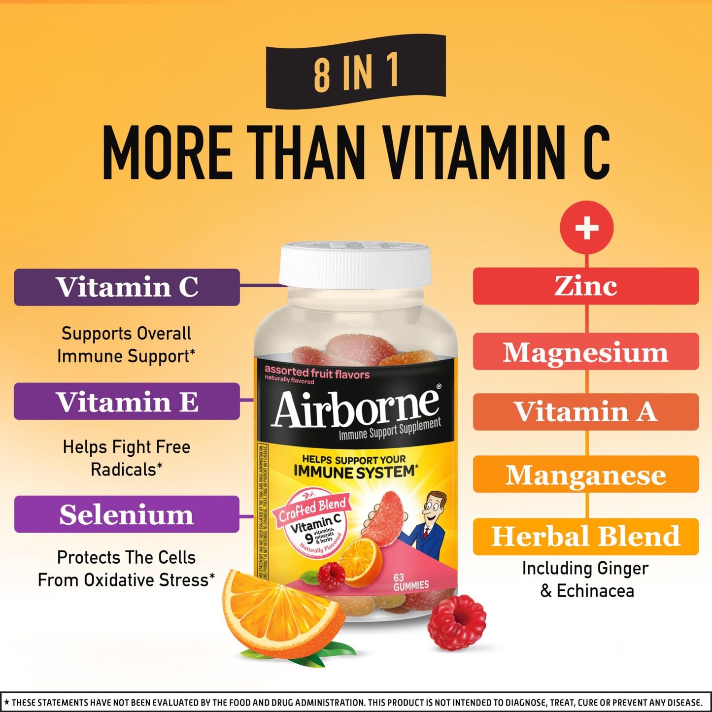 Airborne 750mg Vitamin C Gummies for Adults, Immune Support Gummies with Powerful Antioxidants VIT C & E, Caffeine Free Airborne