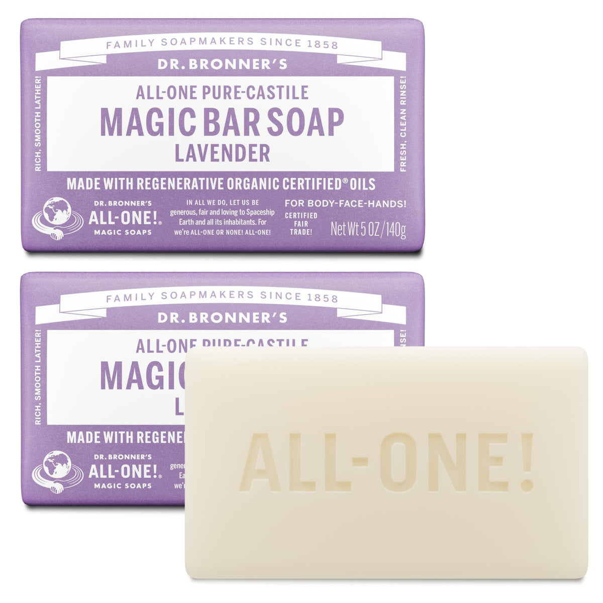 Dr. Bronner's Pure-Castile Magic Bar Soap - Made with Regenerative Organic Certified Oils - For Face, Body, Hair- Gentle on Sensitive Skin - Vegan Soap Bars for Men & Women - Lavender, 2 Pack, 5oz Dr. Bronner's