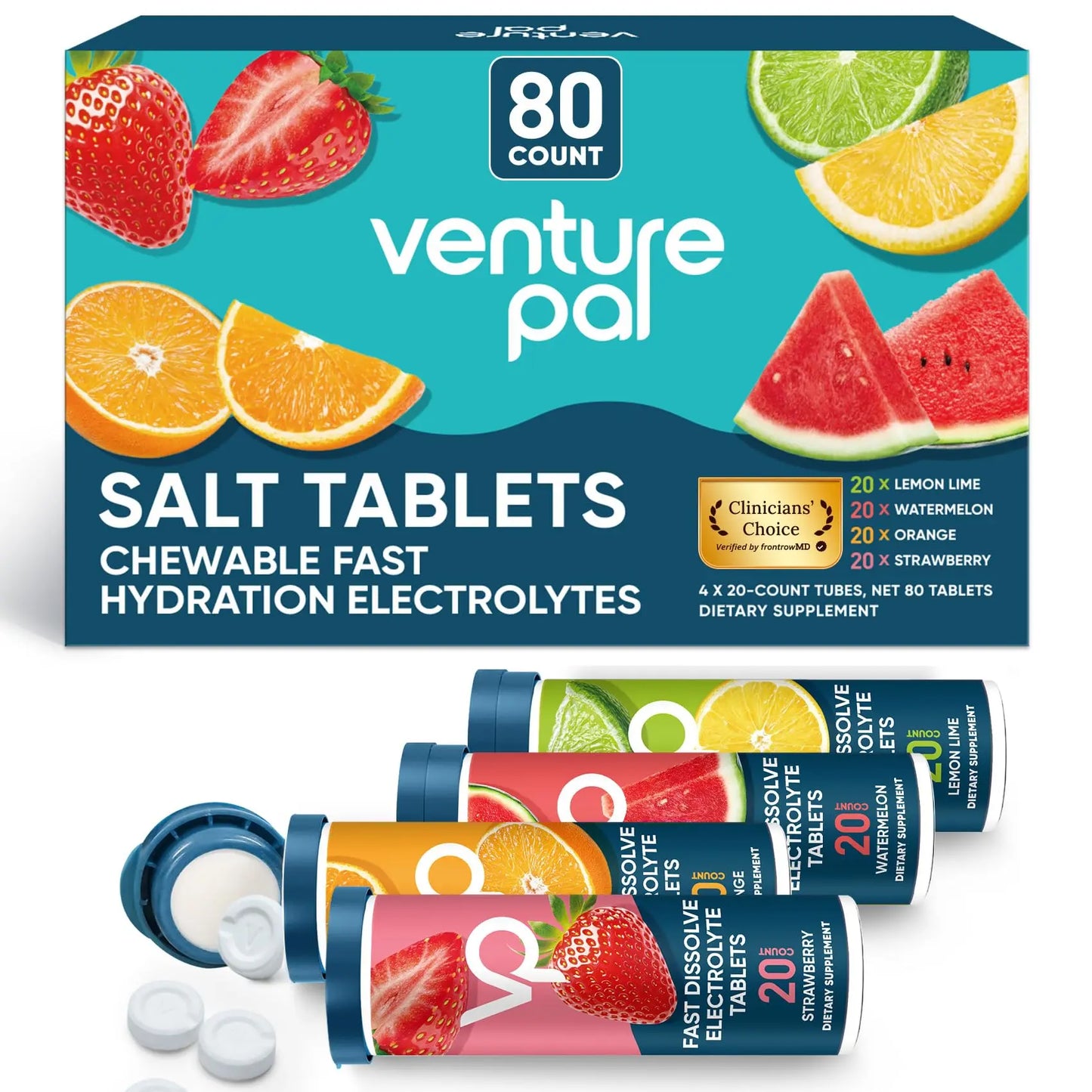 Venture Pal Chewable Electrolyte Tablets, 80 Count Fast-Dissolve Sugar-Free Stick Salt Tablets,Gluten Free – Variety Pack for Rapid Hydration, Outdoor Running, Venture Pal
