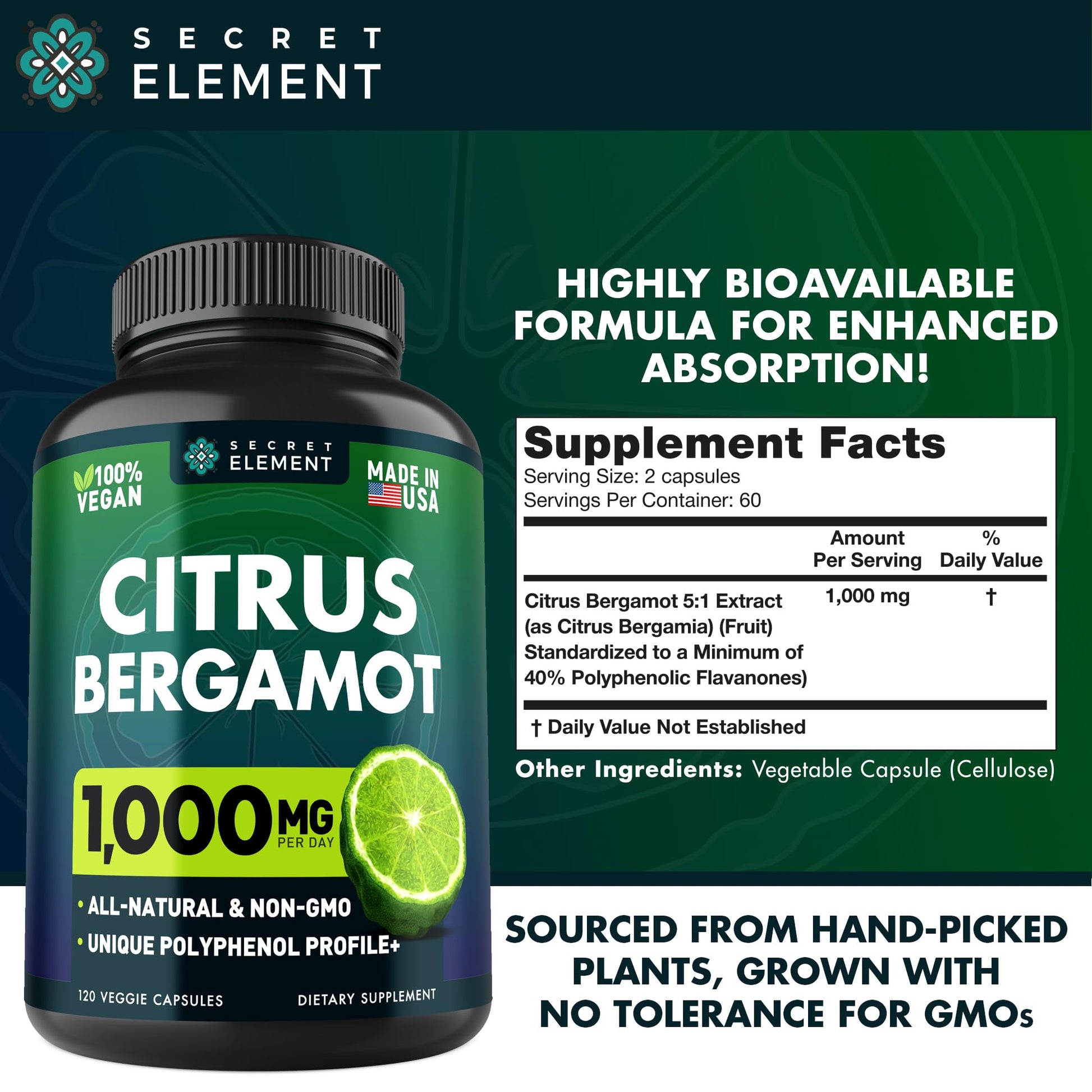 (2 PACK) Citrus Bergamot Extract 1000mg - Citrus Bergamot Supplement for Circulatory Health, Immunity, and Graceful Aging - 2x the potency of Citrus Bergamot 500mg Secret Element