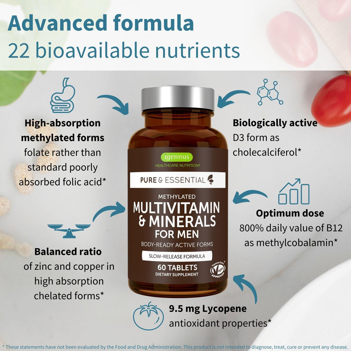 Igennus Methylated Men's Multivitamin with 22 Actives, Added Lycopene for Antioxidant Support, High Potency B12, Sustained Release, Igennus Healthcare Nutrition