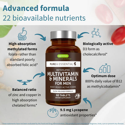 Igennus Methylated Men's Multivitamin with 22 Actives, Added Lycopene for Antioxidant Support, High Potency B12, Sustained Release, Igennus Healthcare Nutrition