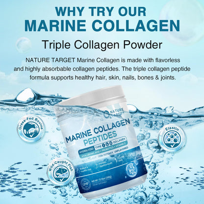 NATURE TARGET Marine Collagen Peptides Powder - Type I & III Collagen with Probiotics, Vitamin C & Hyaluronic Acid for Skin, Hair, Nails NATURE TARGET