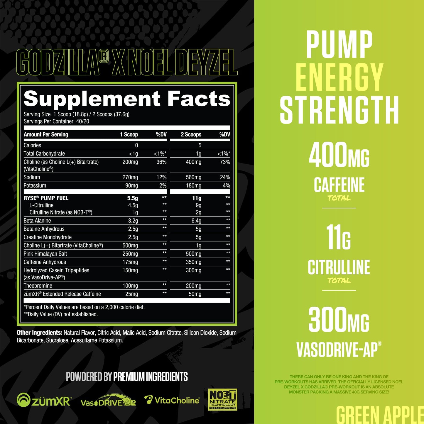 RYSE Godzilla X Noel Deyzel Pre Workout Powder - Monsterberry Lime - 400mg Caffeine, High Stim Pre-Workout for Men & Women with Citrulline & Beta Alanine - Energy, Pump & Focus - 20/40 Servings