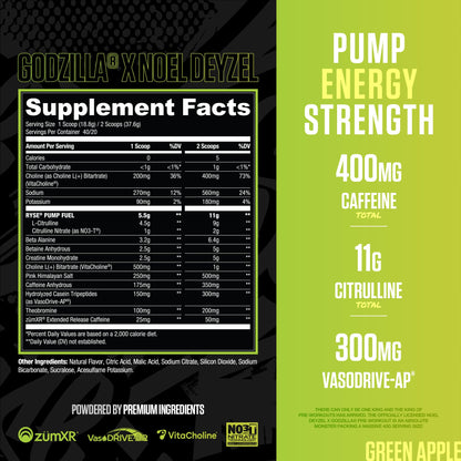 RYSE Godzilla X Noel Deyzel Pre Workout Powder - Monsterberry Lime - 400mg Caffeine, High Stim Pre-Workout for Men & Women with Citrulline & Beta Alanine - Energy, Pump & Focus - 20/40 Servings