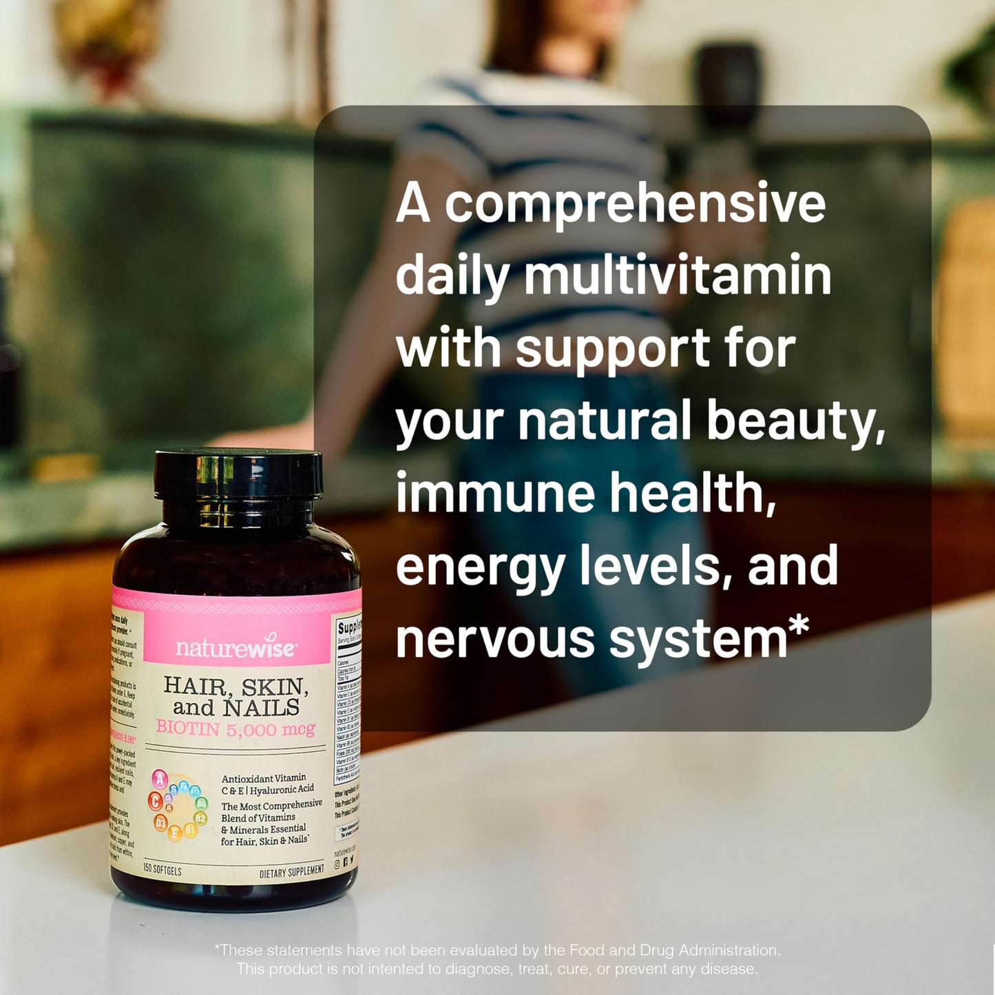 NatureWise Hair Skin and Nails Vitamin, Biotin 5000mcg w/Hyaluronic Acid, Collagen for Women with C, B Complex, D3, A, E, Iron NatureWise
